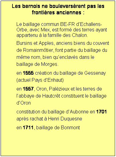 Zone de Texte: Les bernois ne bouleversrent pas les frontires anciennes :
Le baillage commun BE-FR dEchallens-Orbe, avec Mex, est form des terres ayant appartenu  la famille des Chalon.
Bursins et Apples, anciens biens du couvent de Romainmtier, font partie du baillage du mme nom, bien quenclavs dans le baillage de Morges.
en 1555 cration du baillage de Gessenay (actuel Pays dEnhaut)
en 1557, Oron, Palzieux et les terres de labbaye de Hautcrt constituent le baillage dOron
constitution du baillage dAubonne en 1701 aprs rachat  Henri Duquesne
en 1711, baillage de Bonmont
